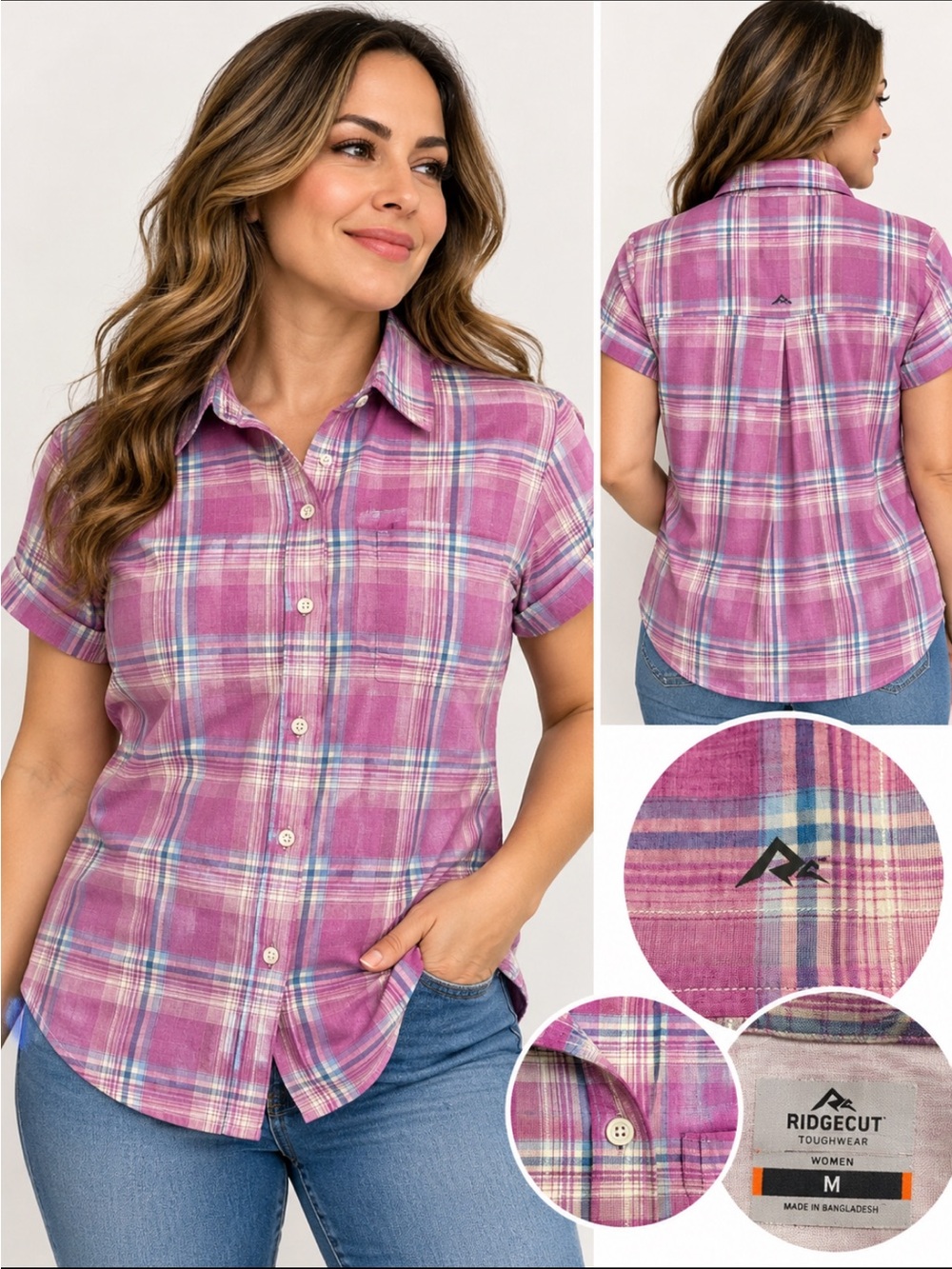 Ridgecut Women’s Pink Plaid Short-Sleeve Button-Down Shirt
